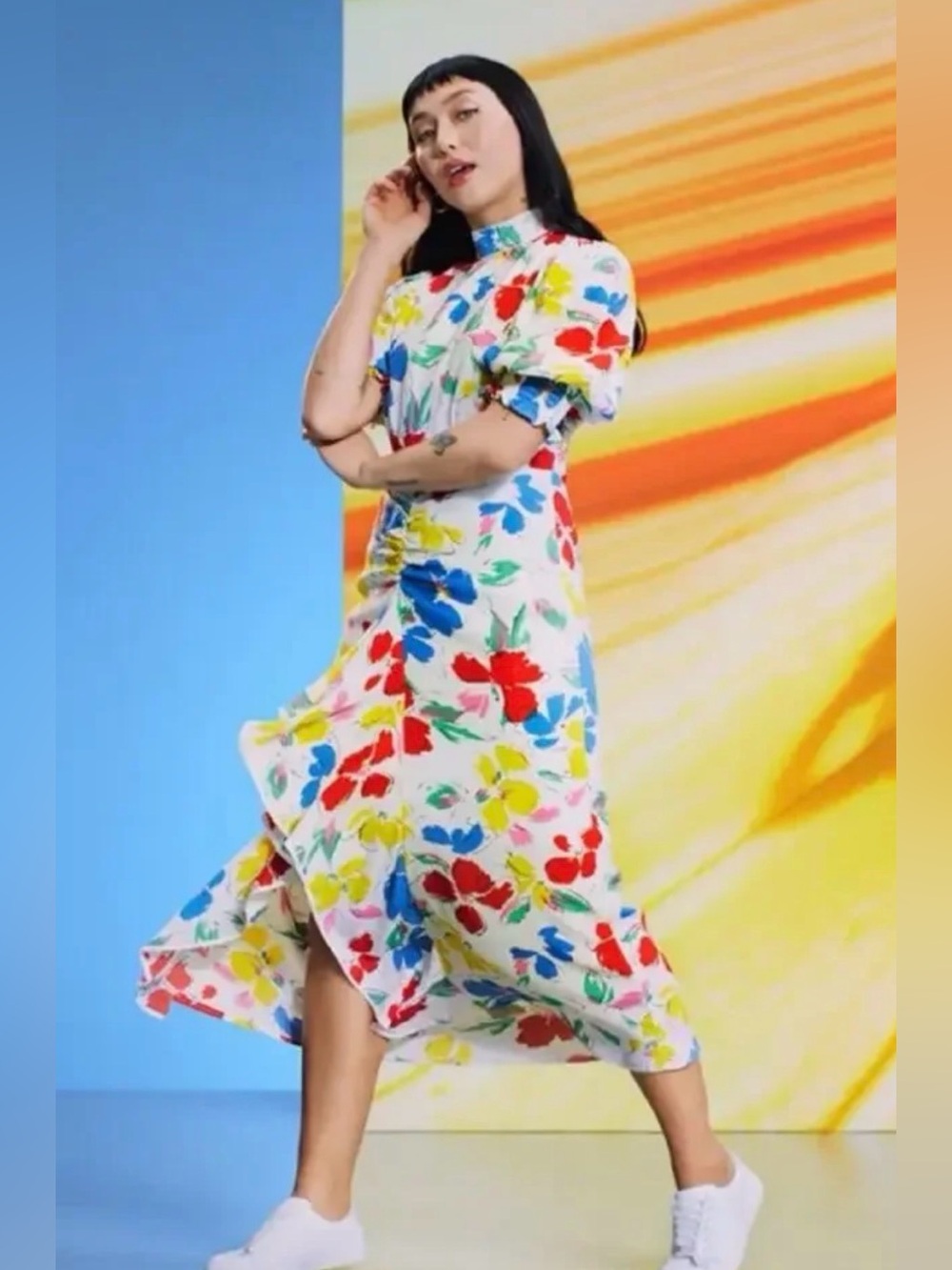 RIXO x Target Floral Midi Dress Size 6 Ruffle High Neck Puff Sleeve Colorful